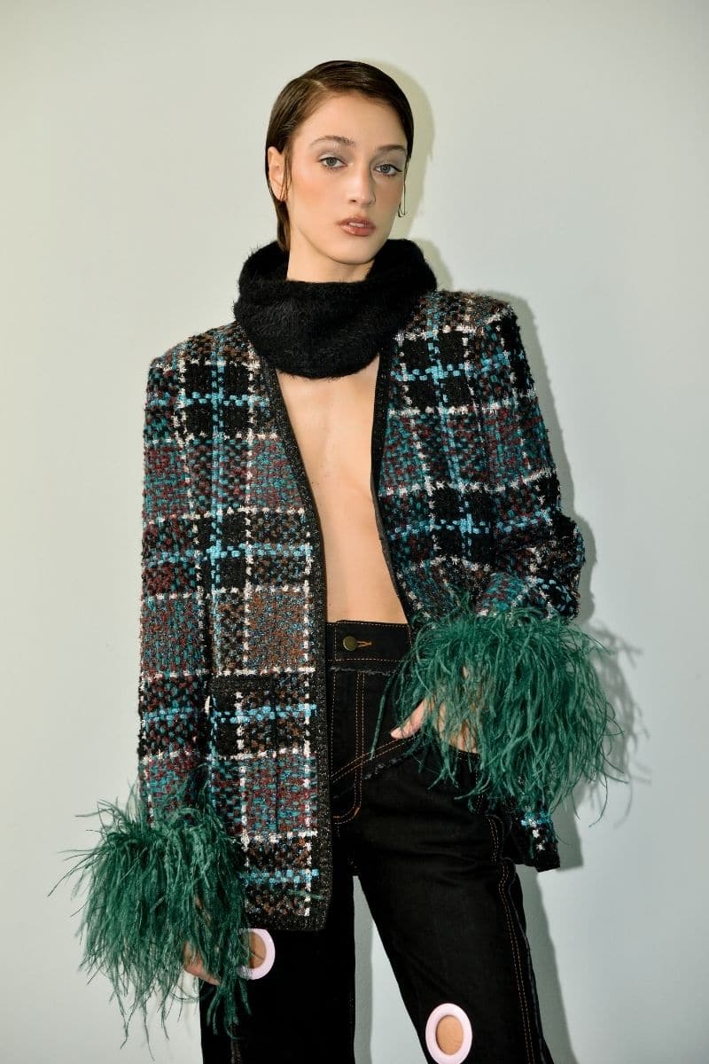 CHECKERED BLUE WOOL-BLEND JACKET WITH GREEN FEATHER-DETAILING | Lalo | CULT MIA