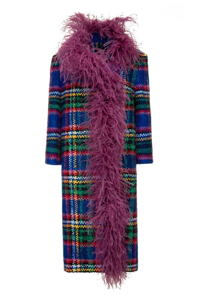 CHECKERED TWEED BOA PURPLE COAT | Lalo | CULT MIA