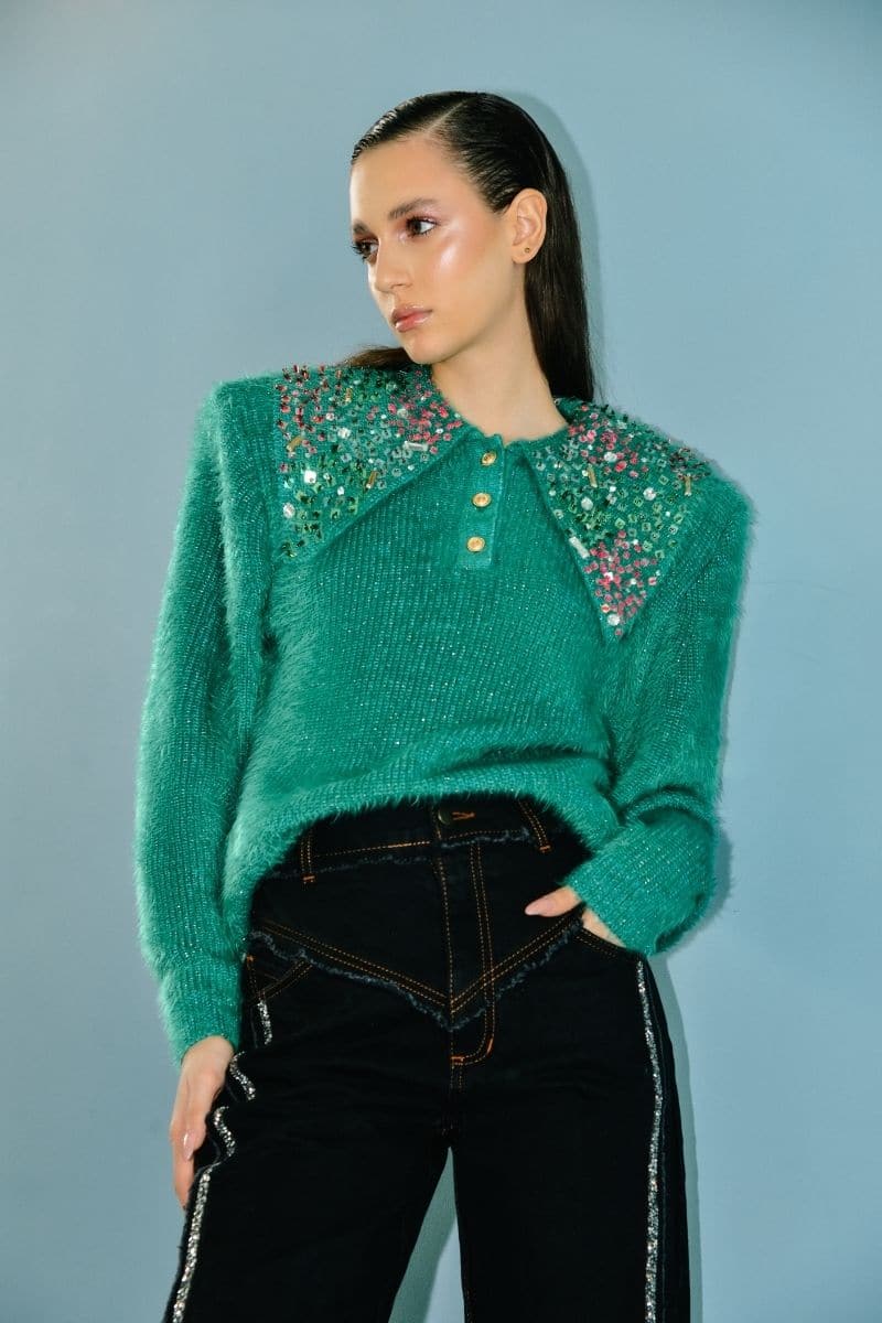 GREEN WOOL-BLEND SWEATER WITH COLLAR DETAILING | Lalo | CULT MIA