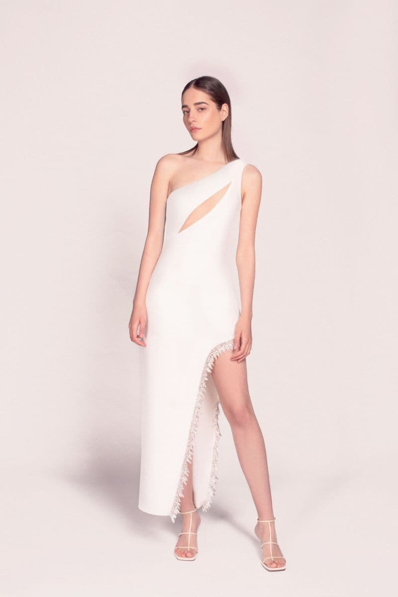 LEYLA WHITE MIDI DRESS WITH CRYSTAL EMBELLISHMENT | Monika Dimova | CULT MIA