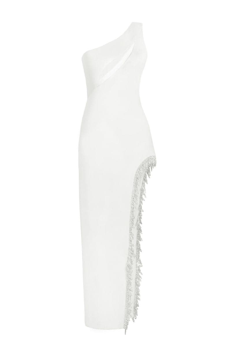 LEYLA WHITE MIDI DRESS WITH CRYSTAL EMBELLISHMENT | Monika Dimova | CULT MIA