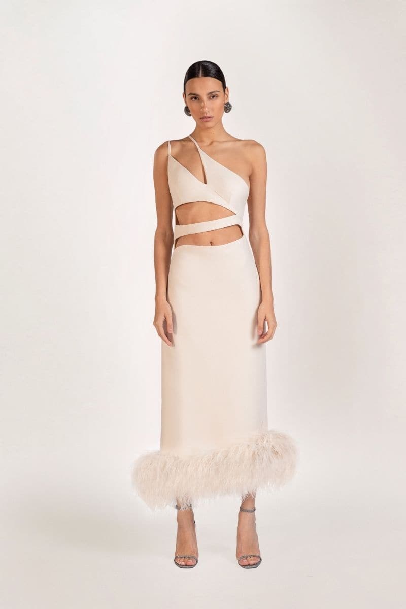 SERENA FEATHER-TRIMMED CREPE MAXI DRESS | Monika Dimova | CULT MIA