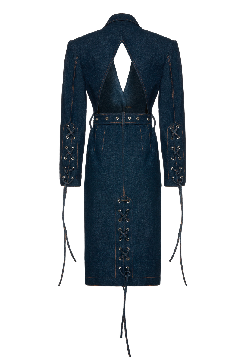 CUT OUT BELTED DENIM COAT | Vaska | CULT MIA