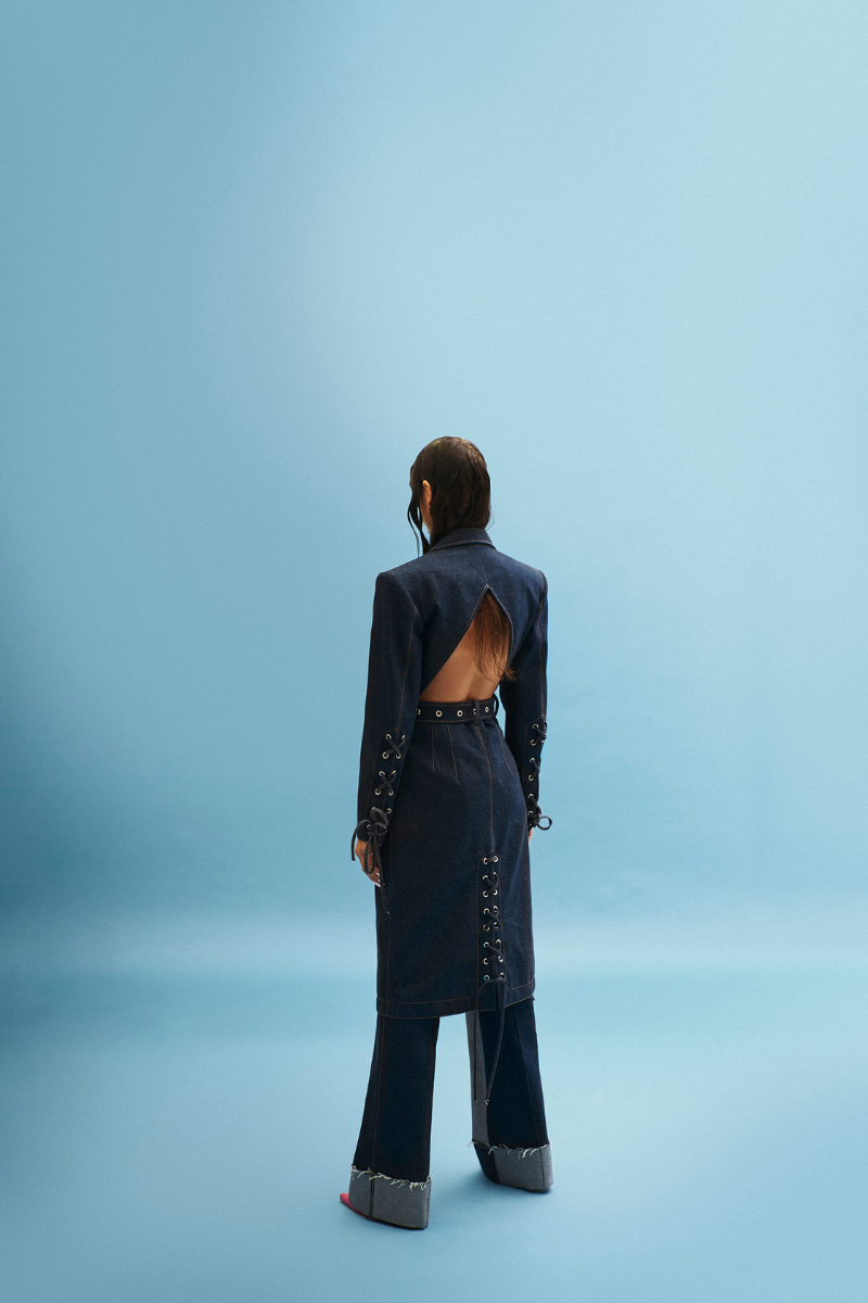 CUT OUT BELTED DENIM COAT | Vaska | CULT MIA