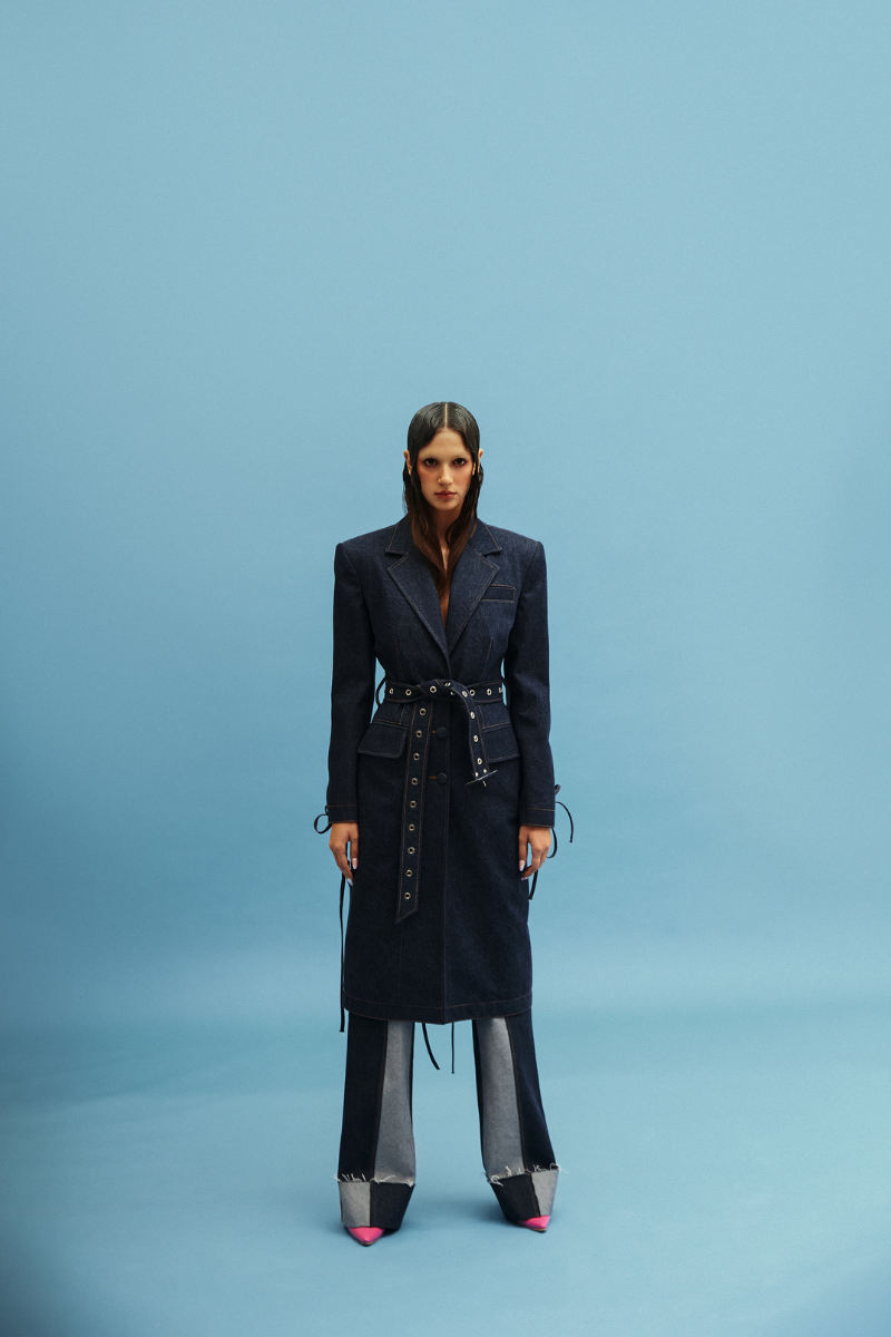 CUT OUT BELTED DENIM COAT | Vaska | CULT MIA