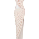 Cream strapless chiffon gown by CEM featuring a fitted corset top and flowing skirt, elegant and perfect for formal occasions.