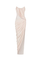 Cream strapless chiffon gown by CEM featuring a fitted corset top and flowing skirt, elegant and perfect for formal occasions.