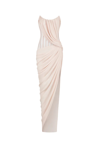 CEM Cream Corset Strapless Chiffon Gown | Cult Mia