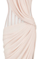 Elegant strapless cream corset chiffon gown by CEM, featuring flowing fabric and fitted bodice, shown on a hanger against a neutral background.
