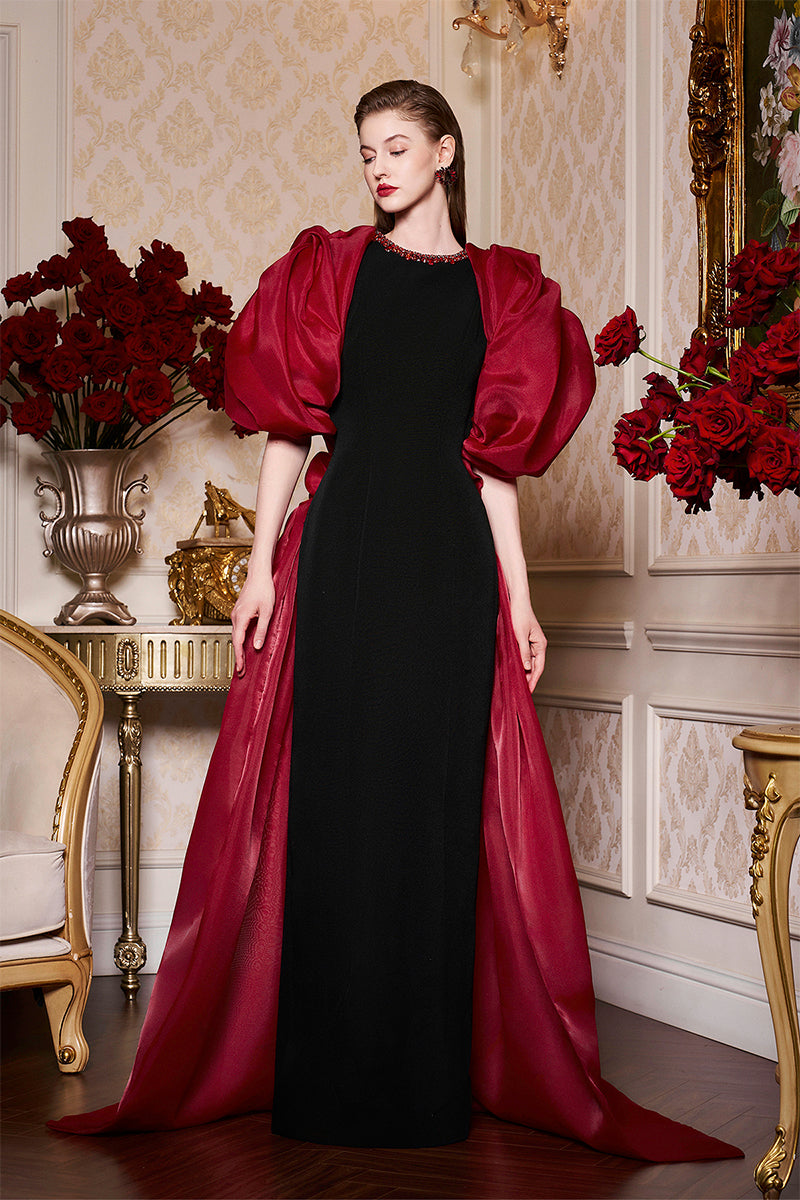 ROUND NECKLINE SCUBA GOWN WITH DRAPED ORGANZA SLEEVES - CULT MIA