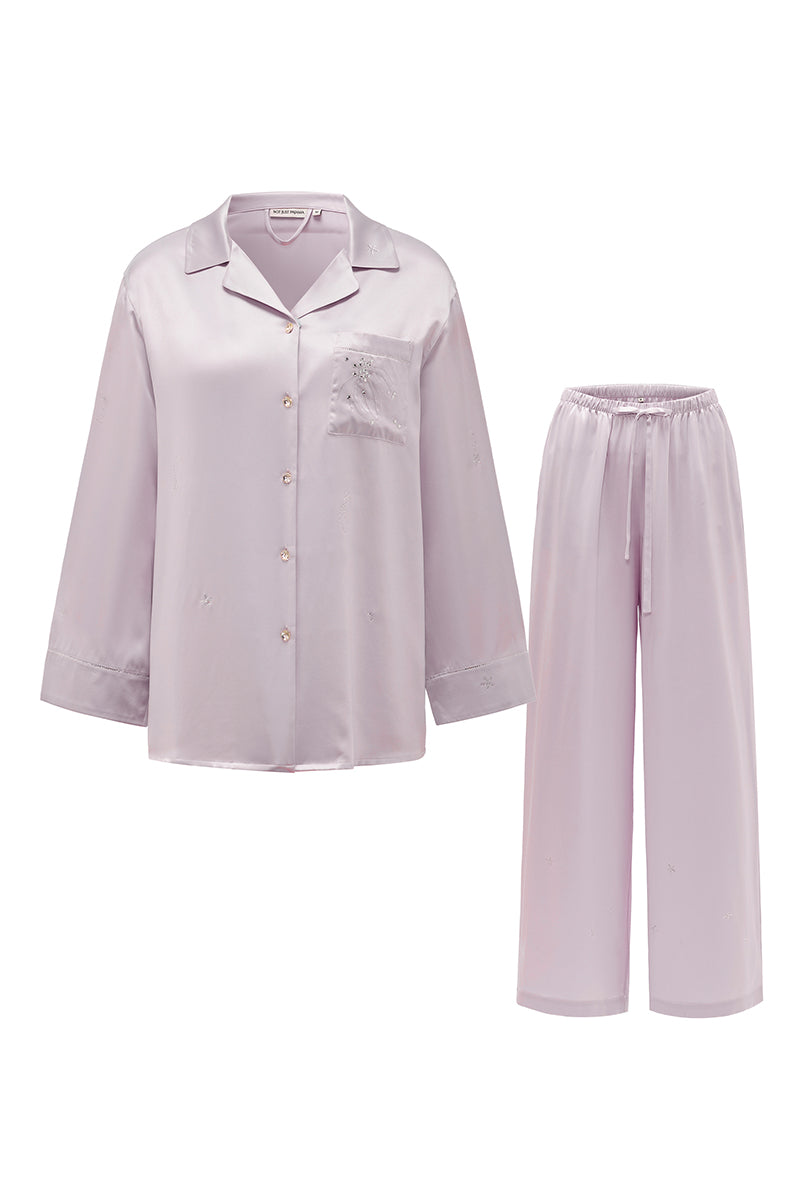 Light purple rhinestone long pajama set from Not Just Pajama with sparkling embellishments and comfortable fabric.