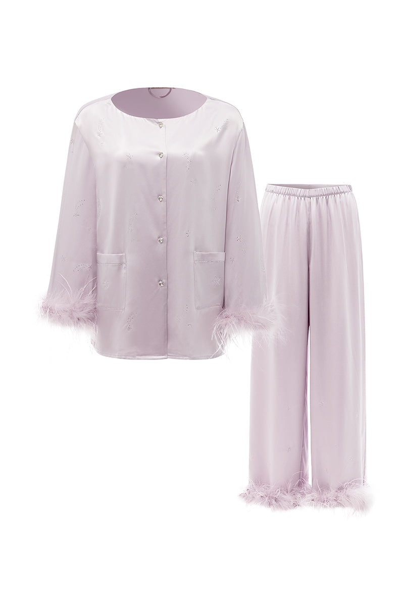 Light purple feather long-sleeve pajama set with rhinestones from Not Just Pajama, featuring feather details and comfortable fabric.