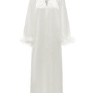 White feather gown with rhinestone accents by Not Just Pajama, featuring a luxurious feathered robe design.