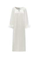 White feather gown with rhinestone accents by Not Just Pajama, featuring a luxurious feathered robe design.