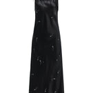 Black bias-cut slip dress by Not Just Pajama featuring rhinestones and feather details, perfect for elegant evening wear.