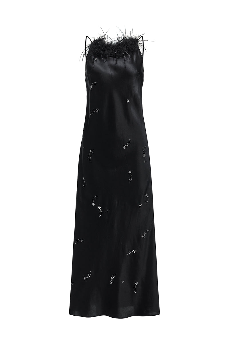BIAS-CUT RHINESTONE AND FEATHER SLIP DRESS IN BLACK FEATHERS - CULT MIA