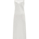 White bias-cut maxi dress with rhinestones and feather details from Not Just Pajama, featuring a flowing silhouette and elegant design.