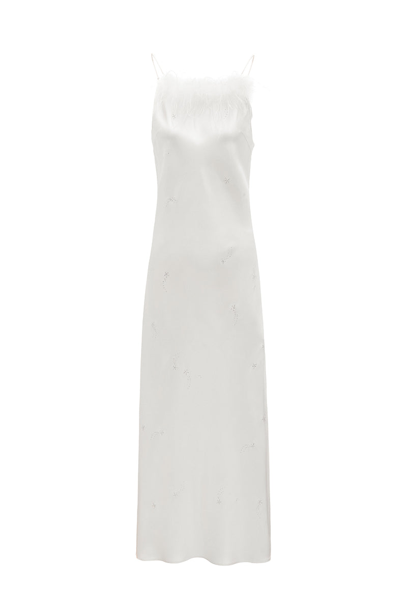 BIAS-CUT RHINESTONE AND FEATHER SLIP DRESS IN WHITE FEATHERS - CULT MIA