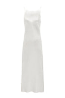 White bias-cut maxi dress with rhinestones and feather details from Not Just Pajama, featuring a flowing silhouette and elegant design.