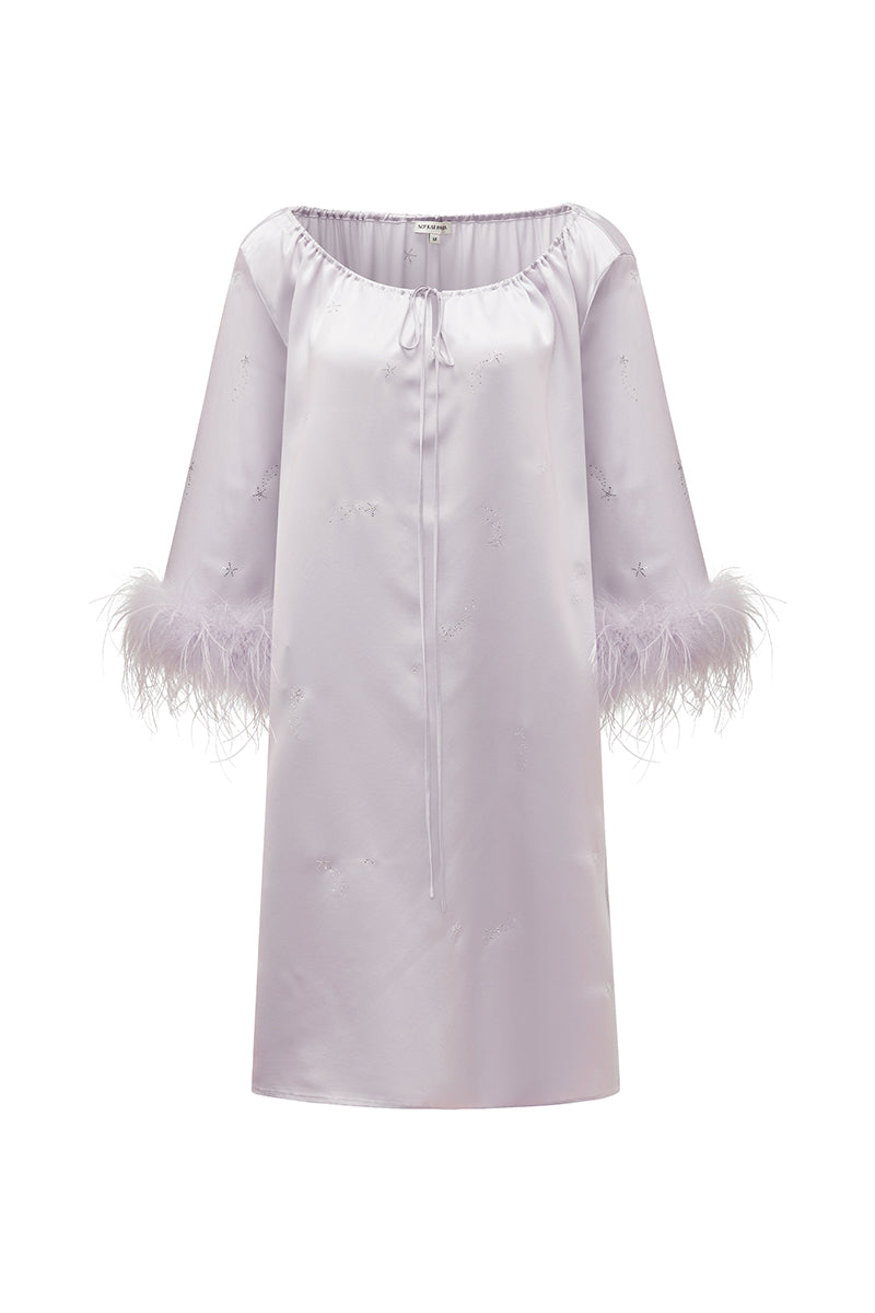 Light purple feather short robe with rhinestones, stylish midi dress by Not Just Pajama featuring feather details and a luxurious look.