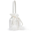 White top handle handbag by Not Just Pajama featuring rhinestones and feather embellishments for a stylish accessory.