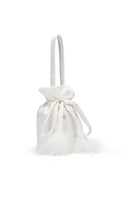 White top handle handbag by Not Just Pajama featuring rhinestones and feather embellishments for a stylish accessory.