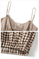 Brown plaid printed bandeau top and matching shorts from Not Just Pajama, perfect for comfortable pajama set.