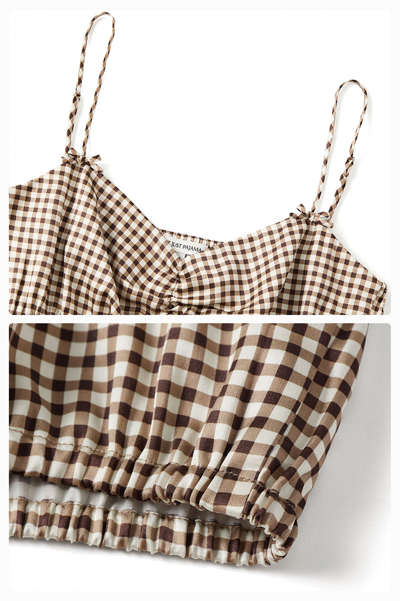 Brown plaid printed bandeau top and matching shorts from Not Just Pajama, perfect for comfortable pajama set.