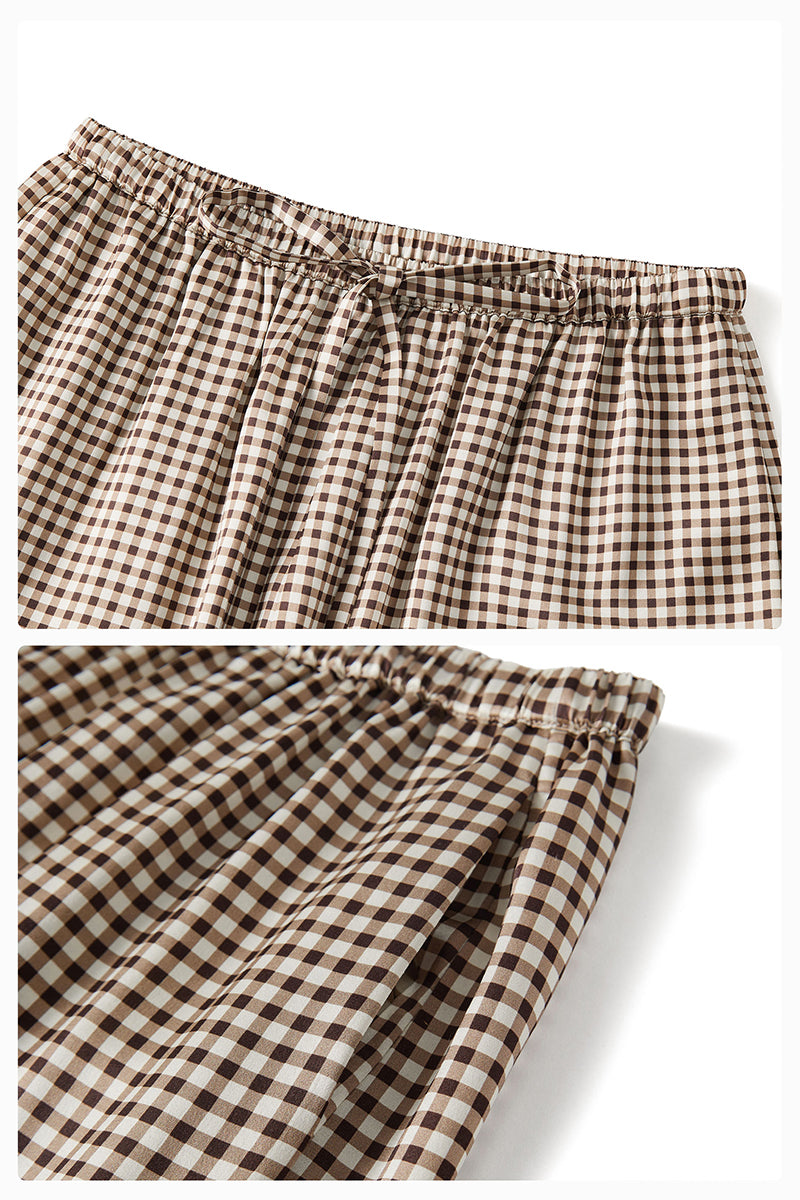 Brown plaid printed bandeau top and matching shorts pajama set by Not Just Pajama, featuring comfortable, stylish sleepwear.