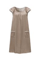 Brown plaid printed sleeveless midi dress by Not Just Pajama, featuring a stylish, casual design with a fitted waist and flowy skirt.