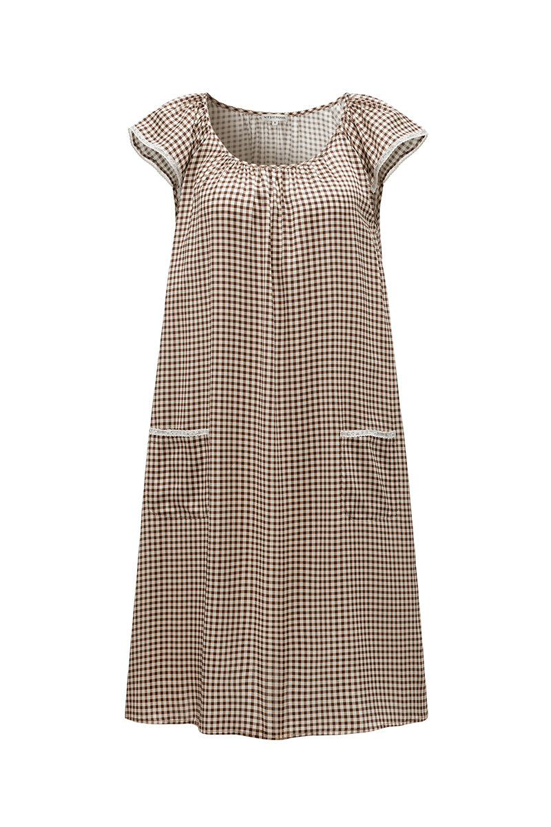 Brown plaid printed sleeveless midi dress by Not Just Pajama, featuring a stylish, casual design with a fitted waist and flowy skirt.