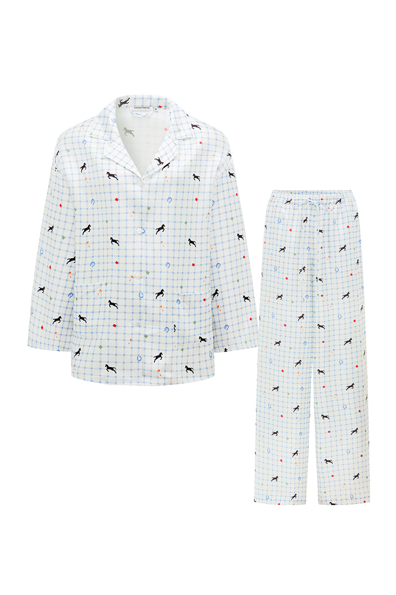 Blue print twill long pajama set by Not Just Pajama, featuring a comfortable button-up top and matching pants.