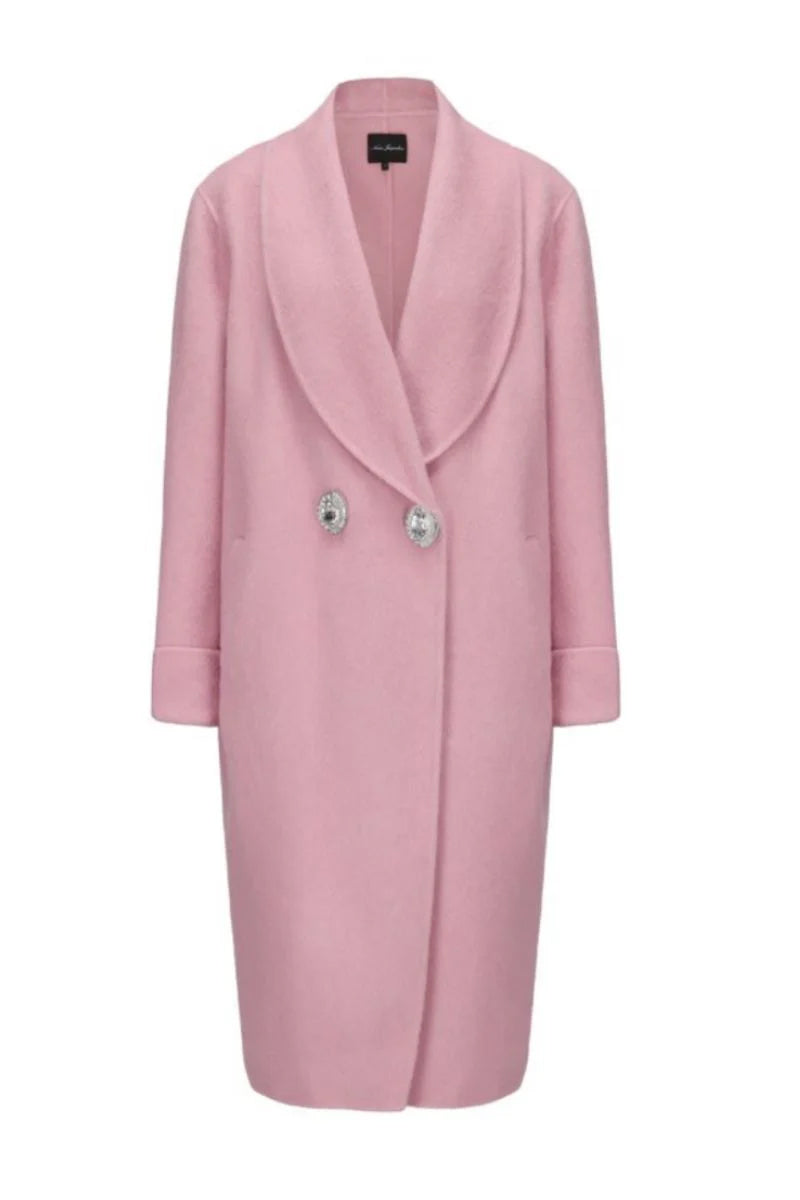 Pink Audrina coat by Nana Jacqueline, stylish and warm outerwear with classic design, shown in the Roman Holiday-inspired image.