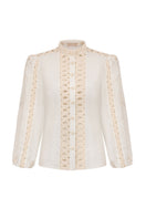 AISA LEA shirt featuring a stylish design, shown on a hanger with a focus on the front fabric and collar details.