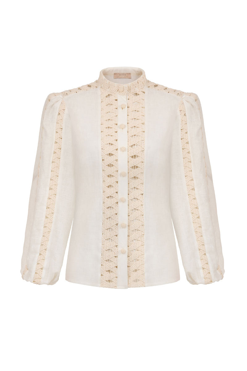 AISA LEA shirt featuring a stylish design, shown on a hanger with a focus on the front fabric and collar details.