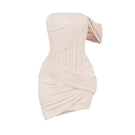 Ivory tulle asymmetrical sleeved mesh mini dress by CEM featuring delicate mesh fabric and stylish design.