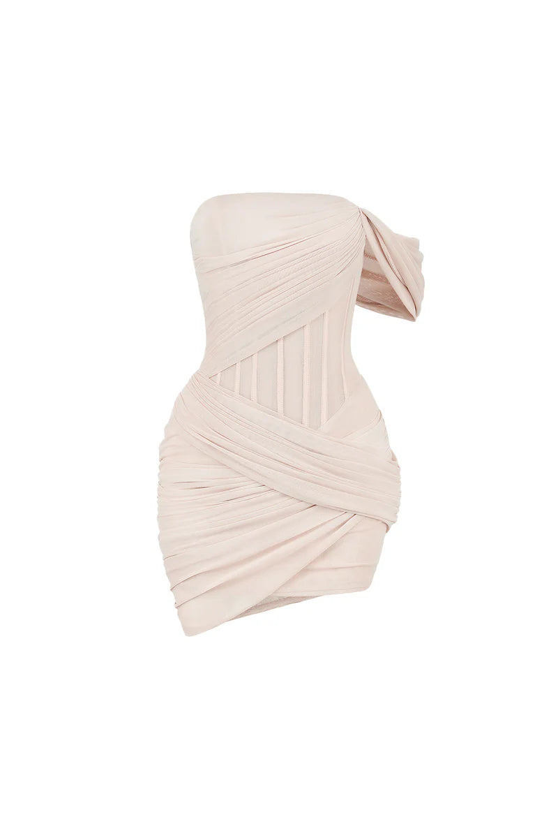 IVORY TULLE  ASYMMETRIC SLEEVED MESH  MINI DRESS