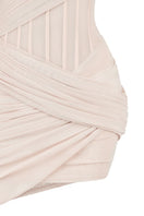 Ivory tulle asymmetrical sleeved mesh mini dress by CEM, showcasing elegant design and delicate fabric details.
