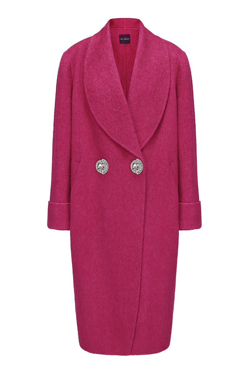 Nana Jacqueline Audrina coat in rose red, stylish winter coat with tailored fit and soft fabric, displayed on a hanger.