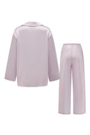 Light purple rhinestone long pajama set by Not Just Pajama, featuring comfortable fabric and sparkling rhinestone accents.
