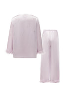 Light purple feather long-sleeve pajama set with rhinestones from Not Just Pajama, featuring soft fabric and decorative feather details.