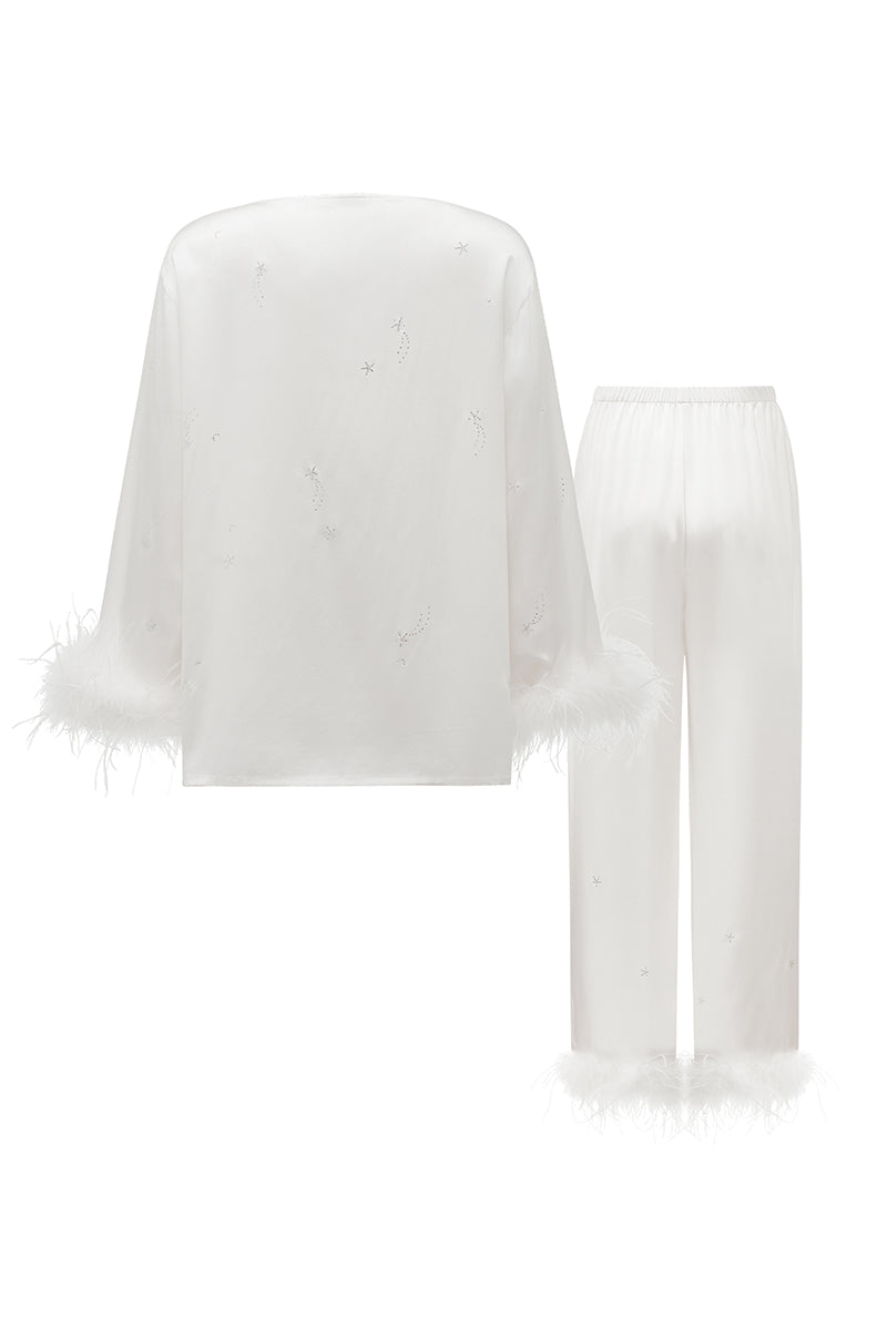 White feather long-sleeve pajama set with rhinestones by Not Just Pajama, featuring feather details and a comfortable fit.