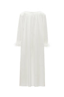 White feather gown with rhinestone accents by Not Just Pajama, showcasing luxurious feathers and elegant design for special occasions.
