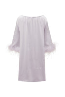 Light purple feather short robe with rhinestones, stylish midi dress from Not Just Pajama featuring elegant feather details.