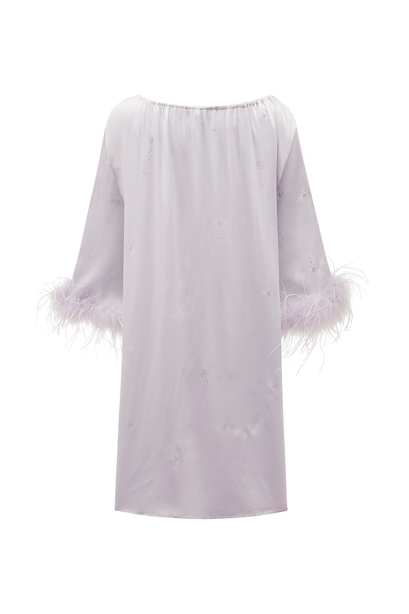 Light purple feather short robe with rhinestones, stylish midi dress from Not Just Pajama featuring elegant feather details.