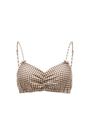 Brown plaid printed bandeau top and matching shorts pajamas by Not Just Pajama, featuring comfortable fabric and stylish design.