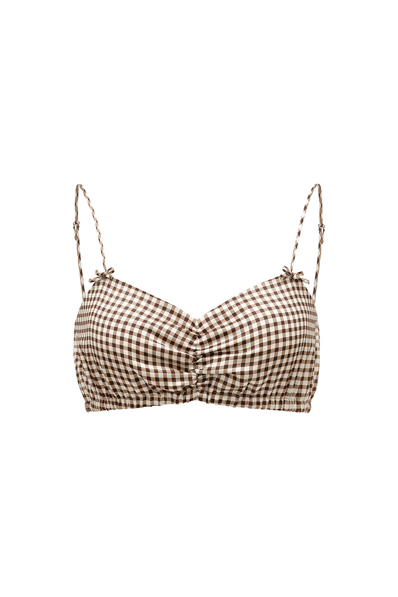Brown plaid printed bandeau top and matching shorts pajamas by Not Just Pajama, featuring comfortable fabric and stylish design.