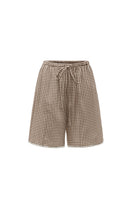 Brown plaid printed bandeau top and matching shorts pajama set by Not Just Pajama, featuring a comfortable and stylish design.