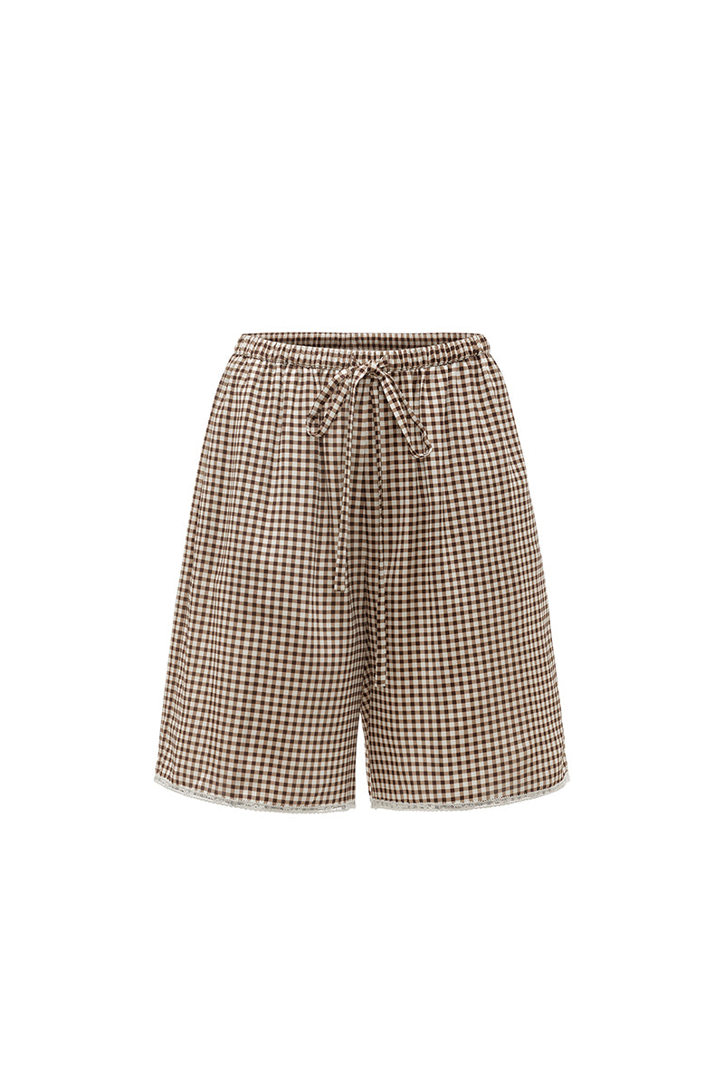 Brown plaid printed bandeau top and matching shorts pajama set by Not Just Pajama, featuring a comfortable and stylish design.