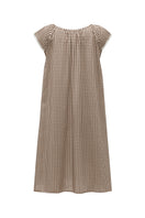 Brown plaid printed sleeveless midi dress by Not Just Pajama, showcasing a stylish fit and pattern in natural fabric detail.